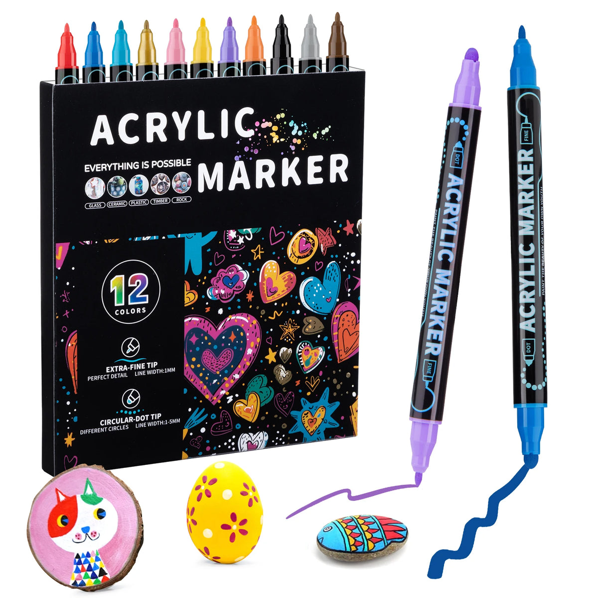 A set of black acrylic markers with multiple tips and a colorful egg and a small oval object.