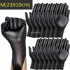 A set of black disposable gloves is shown, with multiple pairs arranged in a row.