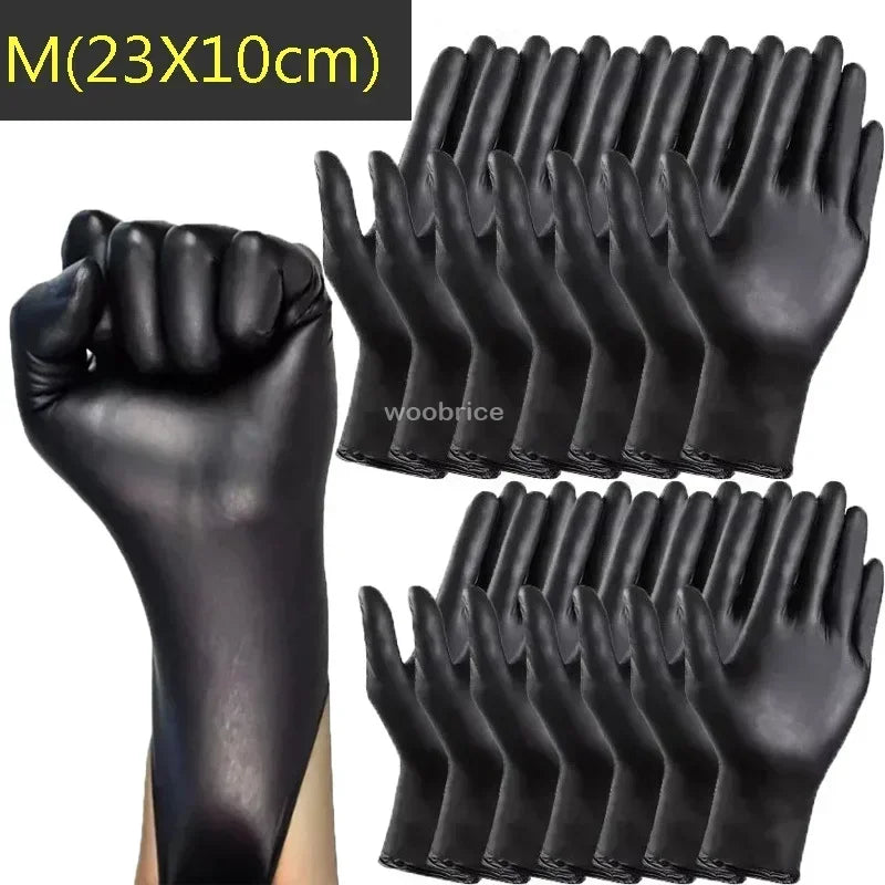 A set of black disposable gloves is shown, with multiple pairs arranged in a row.