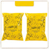 Two yellow self-sealing mailing bags featuring a black hexagonal pattern and the text HAPPY LIFE EXTRAORDINARY FEELING