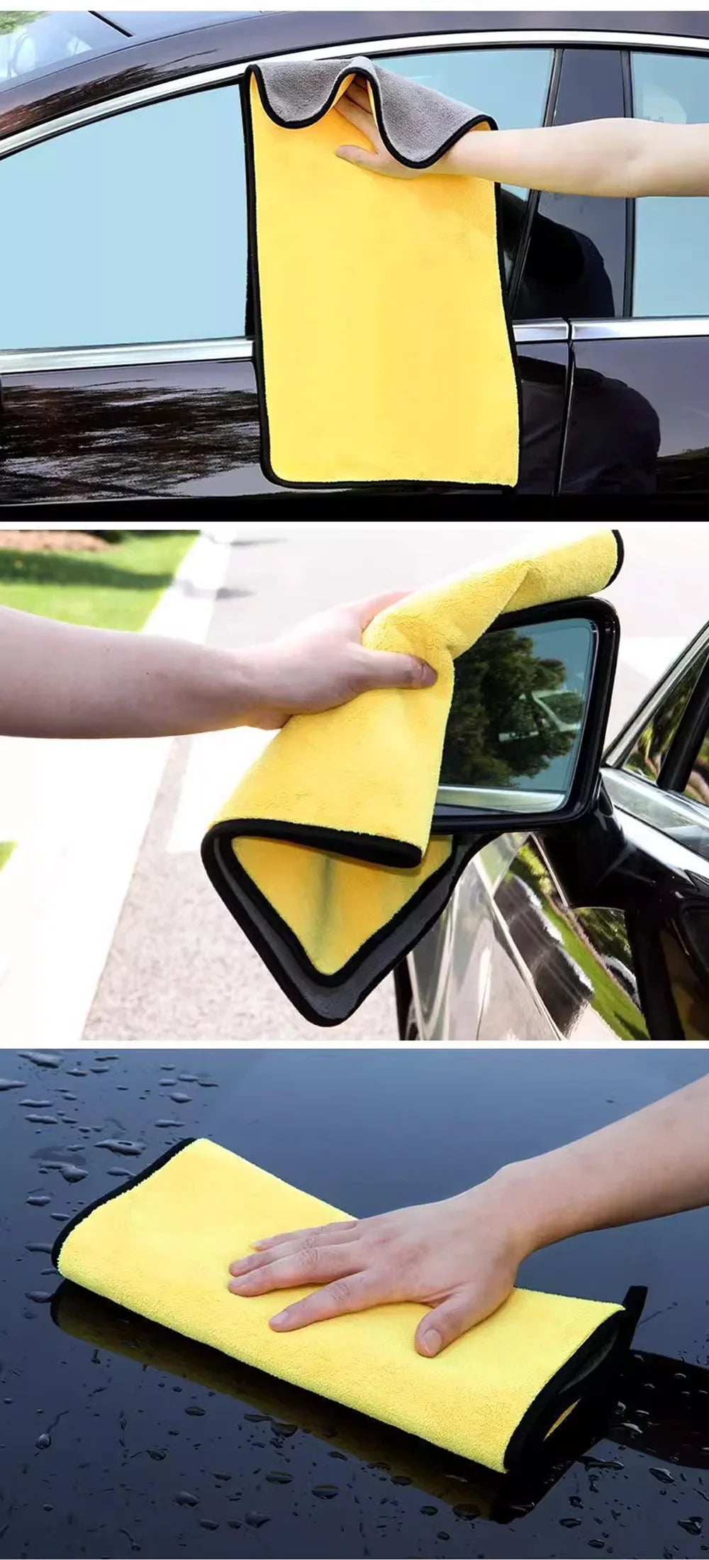A yellow microfiber car cleaning towel being used to wipe a car window.