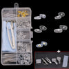 A clear plastic kit containing various tools and components for repairing glasses, including nose pads, screws, and precision