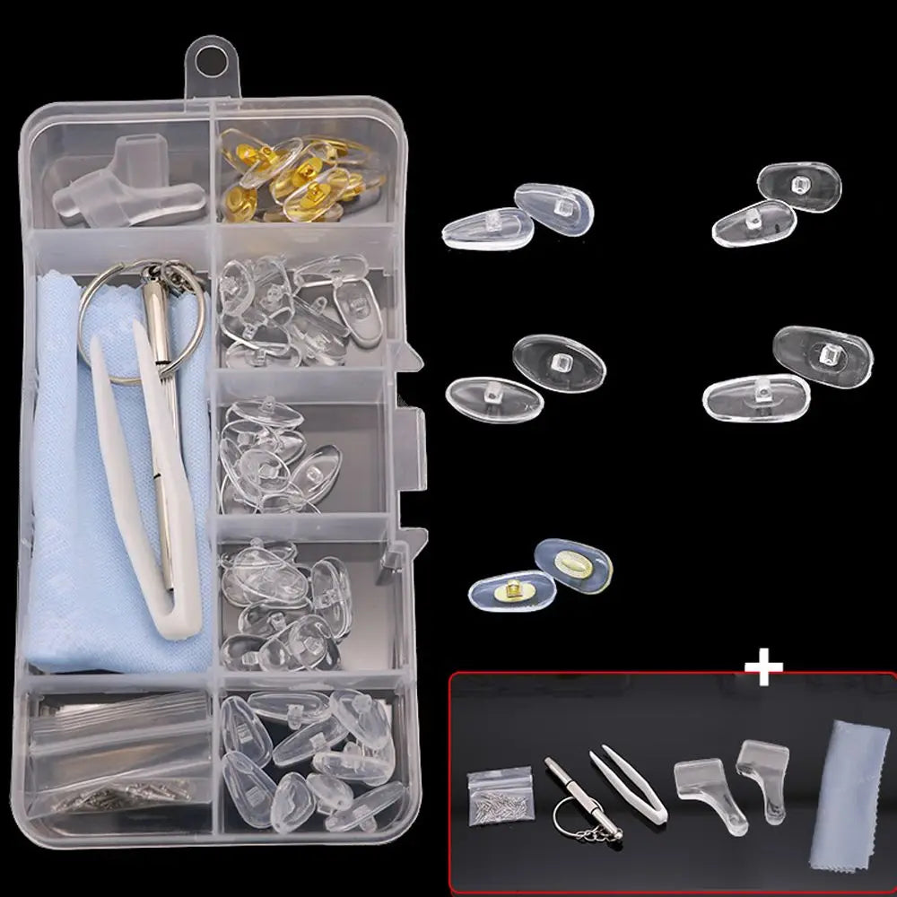 A clear plastic kit containing various tools and components for repairing glasses, including nose pads, screws, and precision