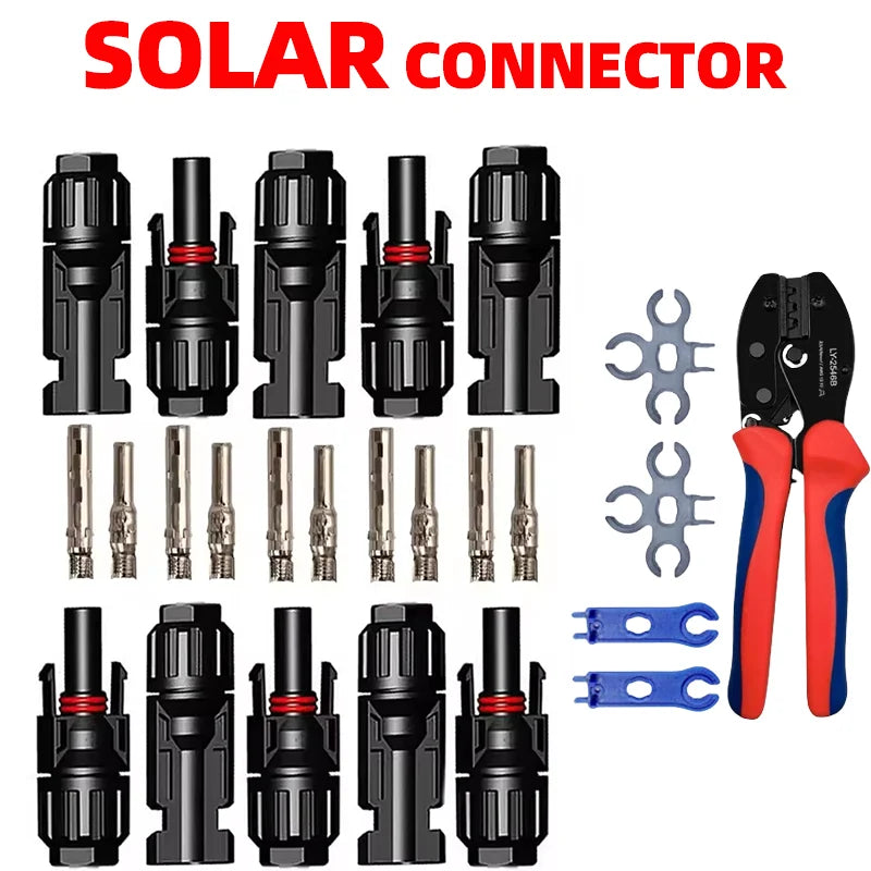 A set of solar connectors and crimping tools for PV cable connections.