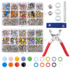 A metal snap fastener kit includes various sizes of fasteners and a pair of pliers tool.