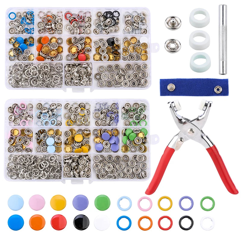 A metal snap fastener kit includes various sizes of fasteners and a pair of pliers tool.