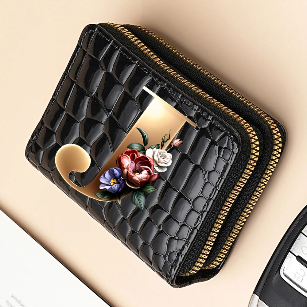 Alphabet Flower Double-Zip Card Wallet with Secure Clasp