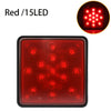 A square red LED light module with multiple circular lenses for a trailer tail light.