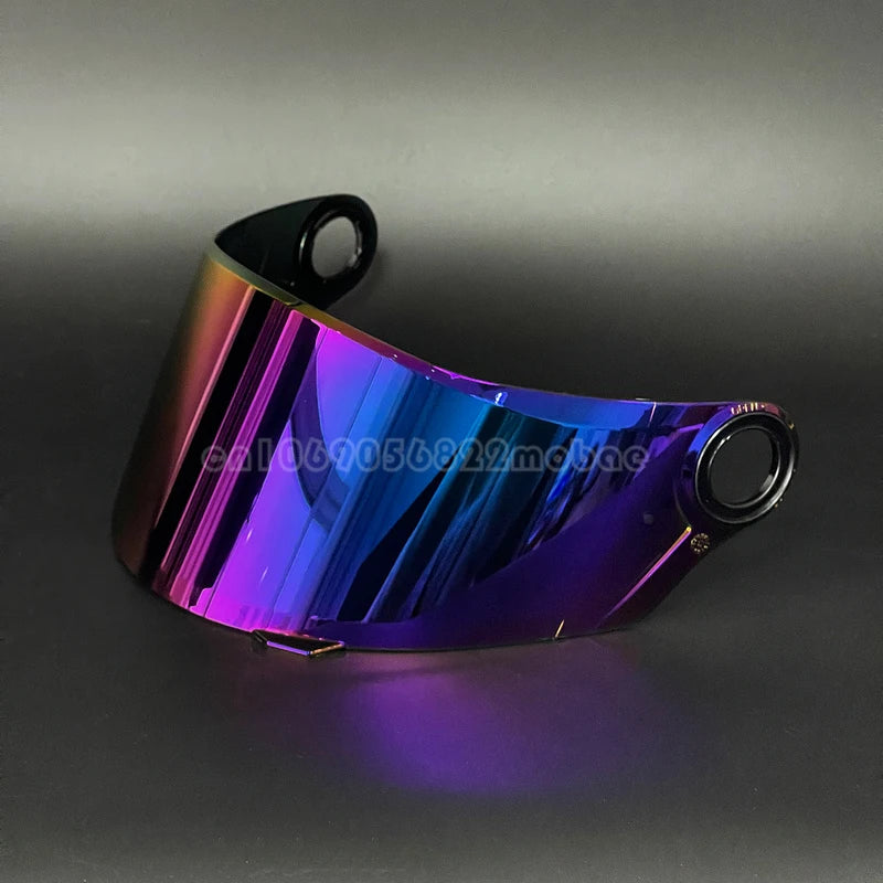A replacement motorcycle helmet visor with a iridescent purple and blue finish.