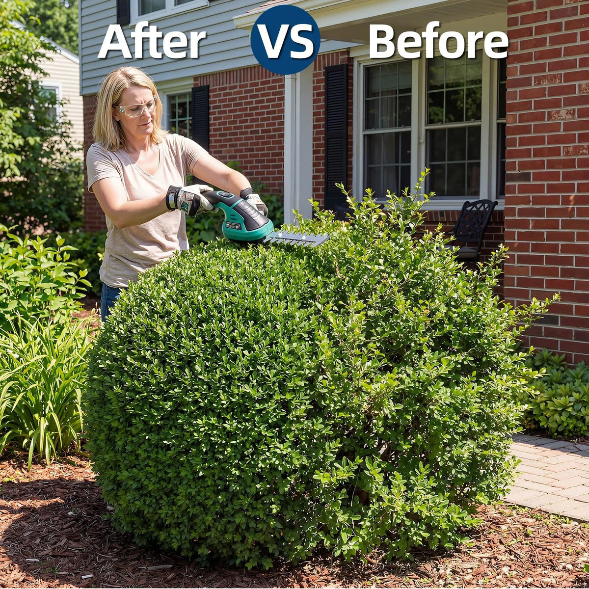 A woman is using a 2-in-1 rechargeable cordless grass shear and shrub trimmer on a dense green bush.
