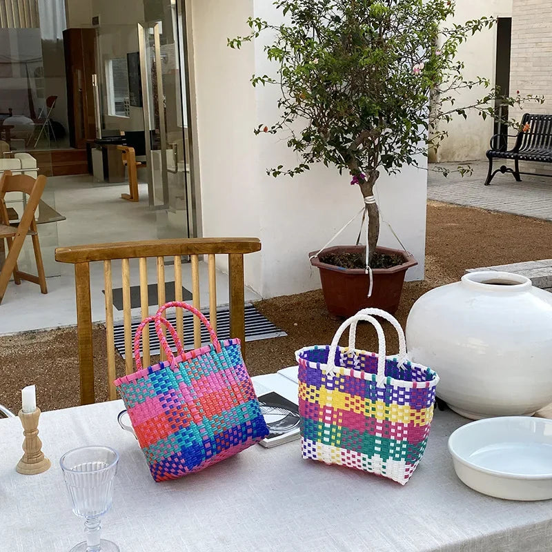Hand-Woven PVC Tote Bag with Striped Patchwork Design