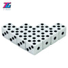 A set of ten white plastic game dice with black dots, shown from above.