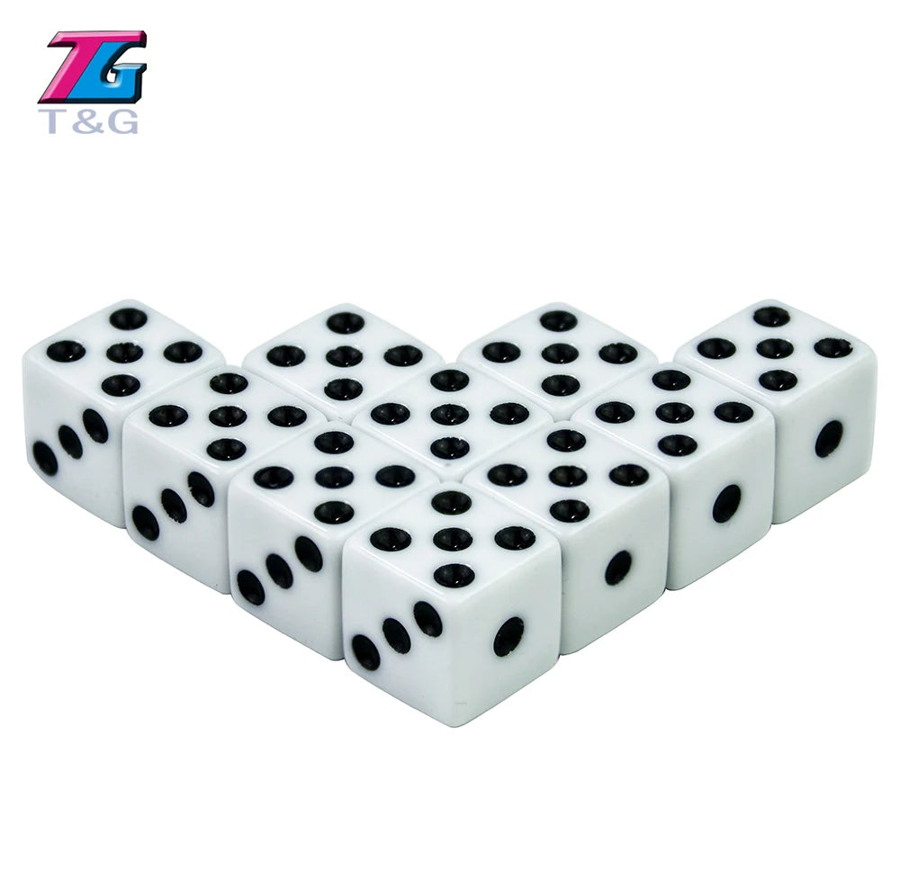 A set of ten white plastic game dice with black dots, shown from above.