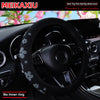 Black floral 3D steering wheel cover for a car, showing the interior grip and steering wheel.