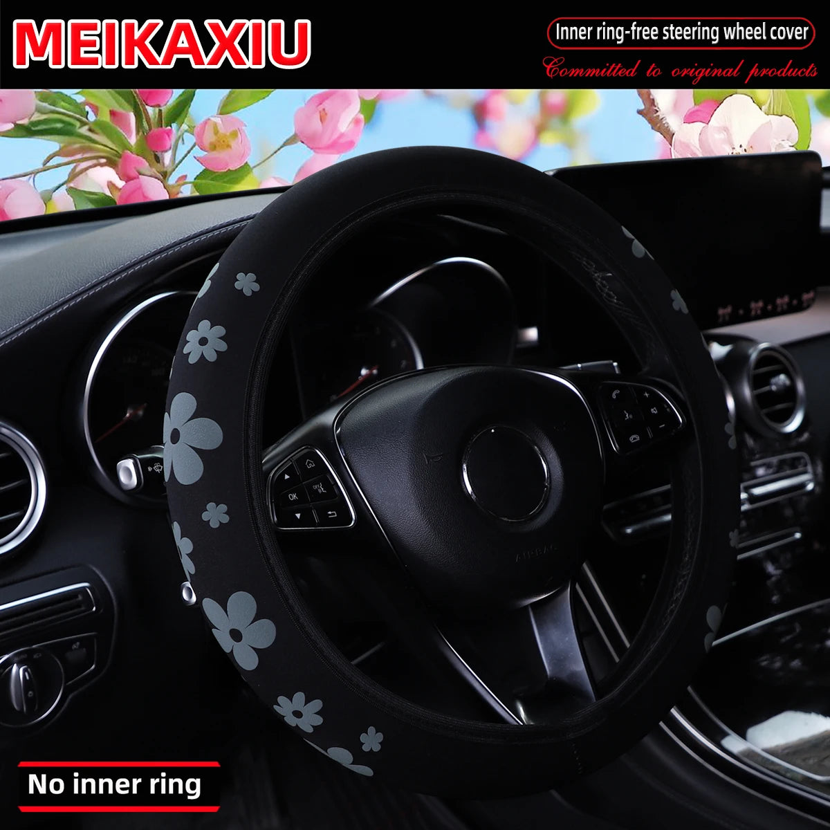 Black floral 3D steering wheel cover for a car, showing the interior grip and steering wheel.
