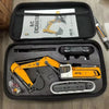 A black storage box contains a yellow 1:50 scale remote control excavator model with various tools and accessories.