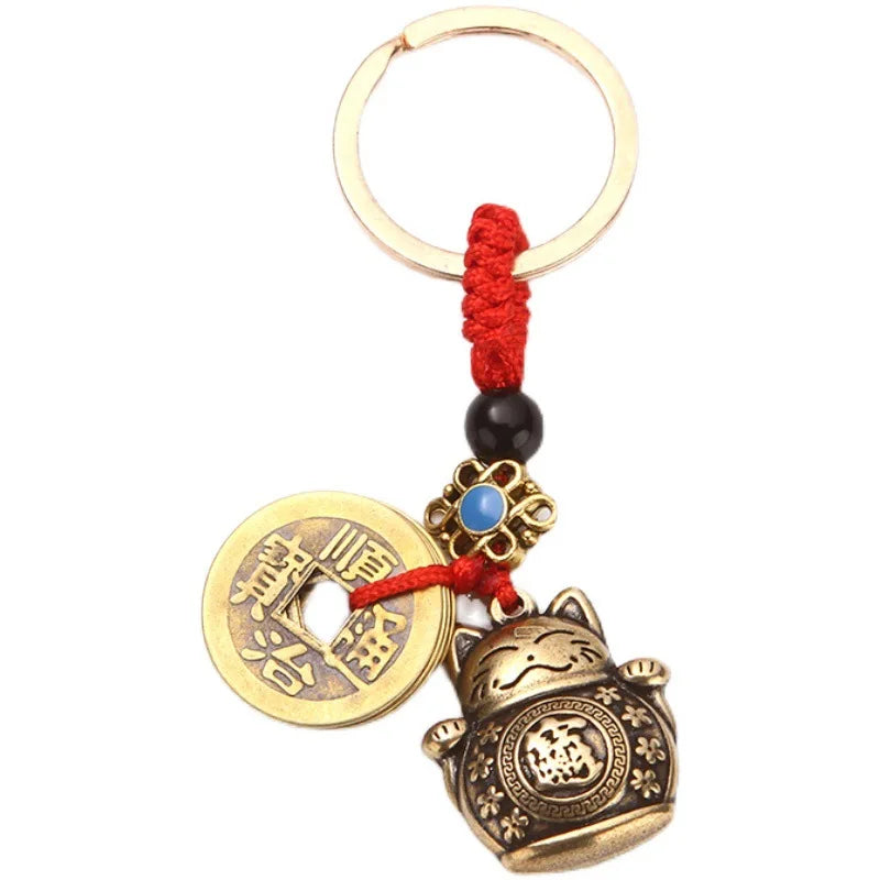 Vintage Lucky Cat Keychain with Five Emperors Coins