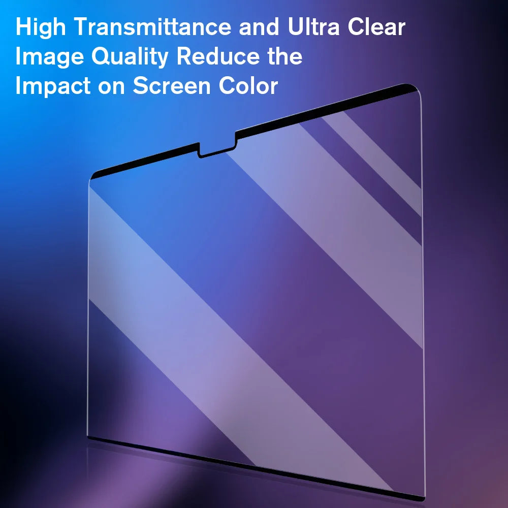 A close-up view of a magnetic privacy screen protector applied to a laptop screen, showing light purple and blue gradients.