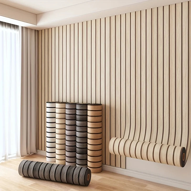 Vertical wood grain peel-and-stick wall tiles installed on a light-colored wall with natural light.