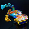 A transparent gear excavator toy with yellow and blue components and LED lights