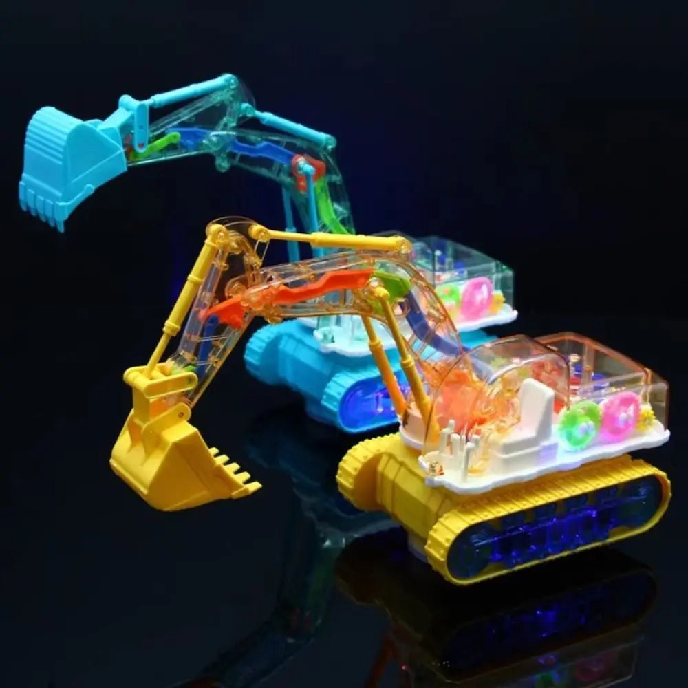 A transparent gear excavator toy with yellow and blue components and LED lights