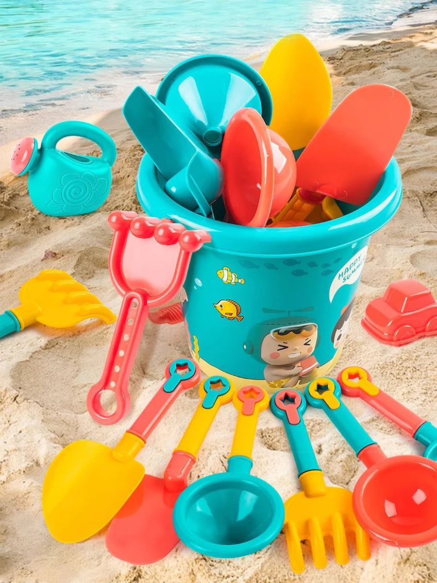 A collection of 18 plastic beach and sand toys in various colors including yellow, orange, pink, and blue, resting on sand.