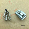 A set of 10 universal metal trim panel fastener clips, silver in color.