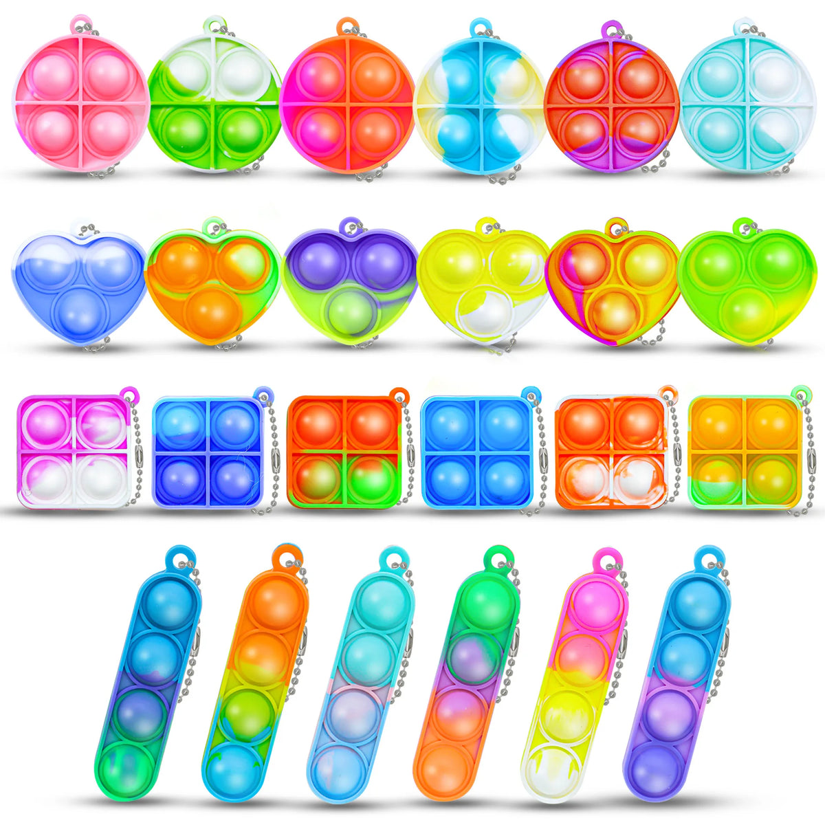 A collection of colorful mini pop keychain fidget toys in various colors and shapes.