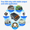 A relay switch for a 30A load, demonstrating its use in various applications like irrigation pumps, fans, and lamps.