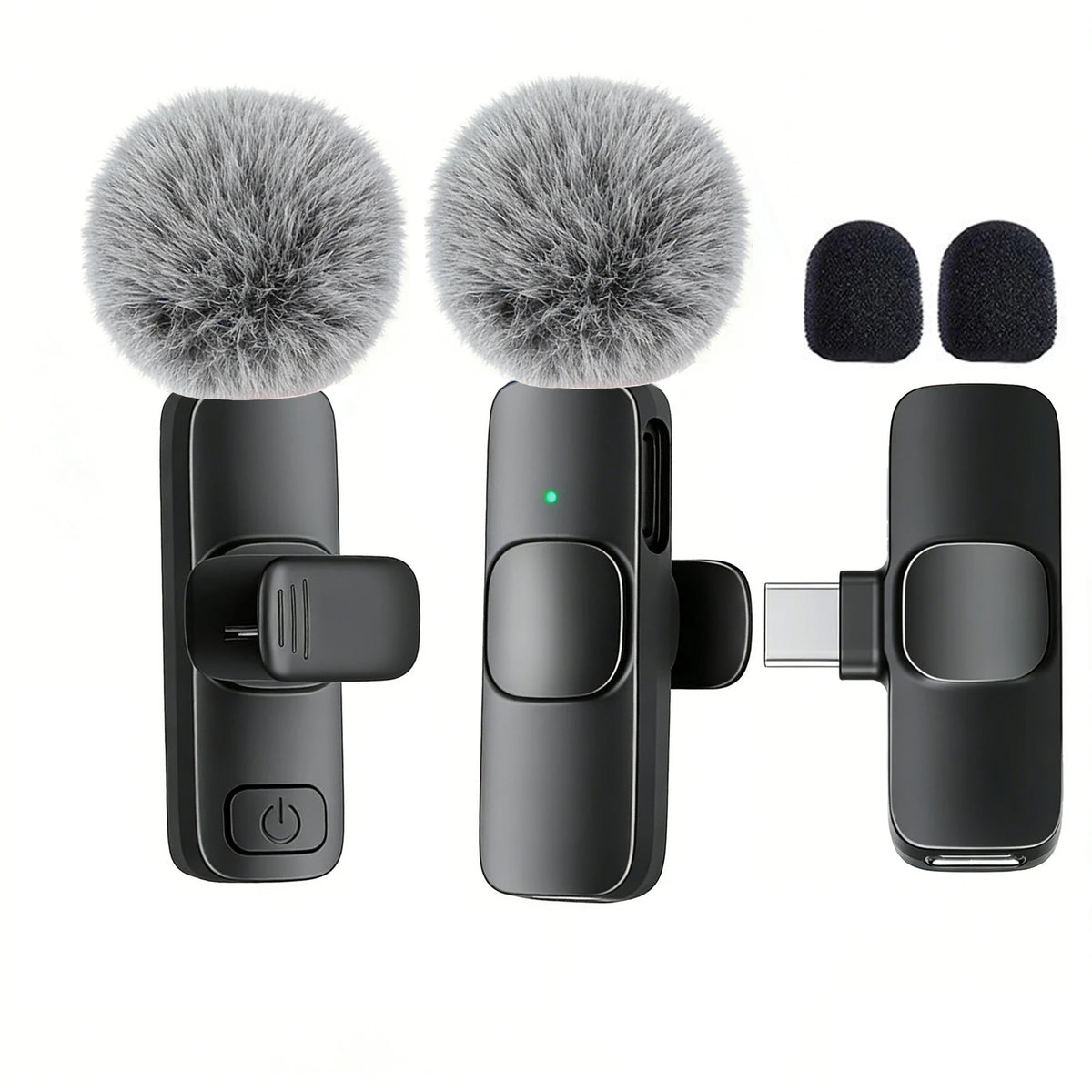 A black USB-C wireless lavalier microphone with a fuzzy windscreen and various attachments shown on a white background.