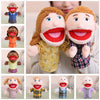 A collection of soft plush hand puppets for kids showing various characters and outfits.