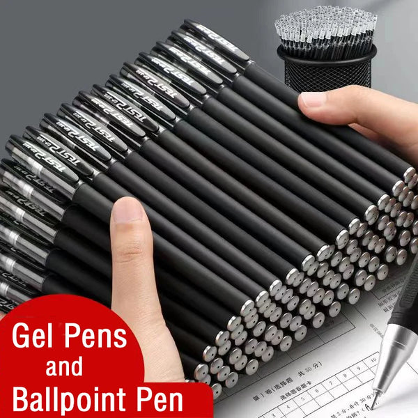 A hand holds a set of black gel pens and ballpoint pen refills arranged in a row.