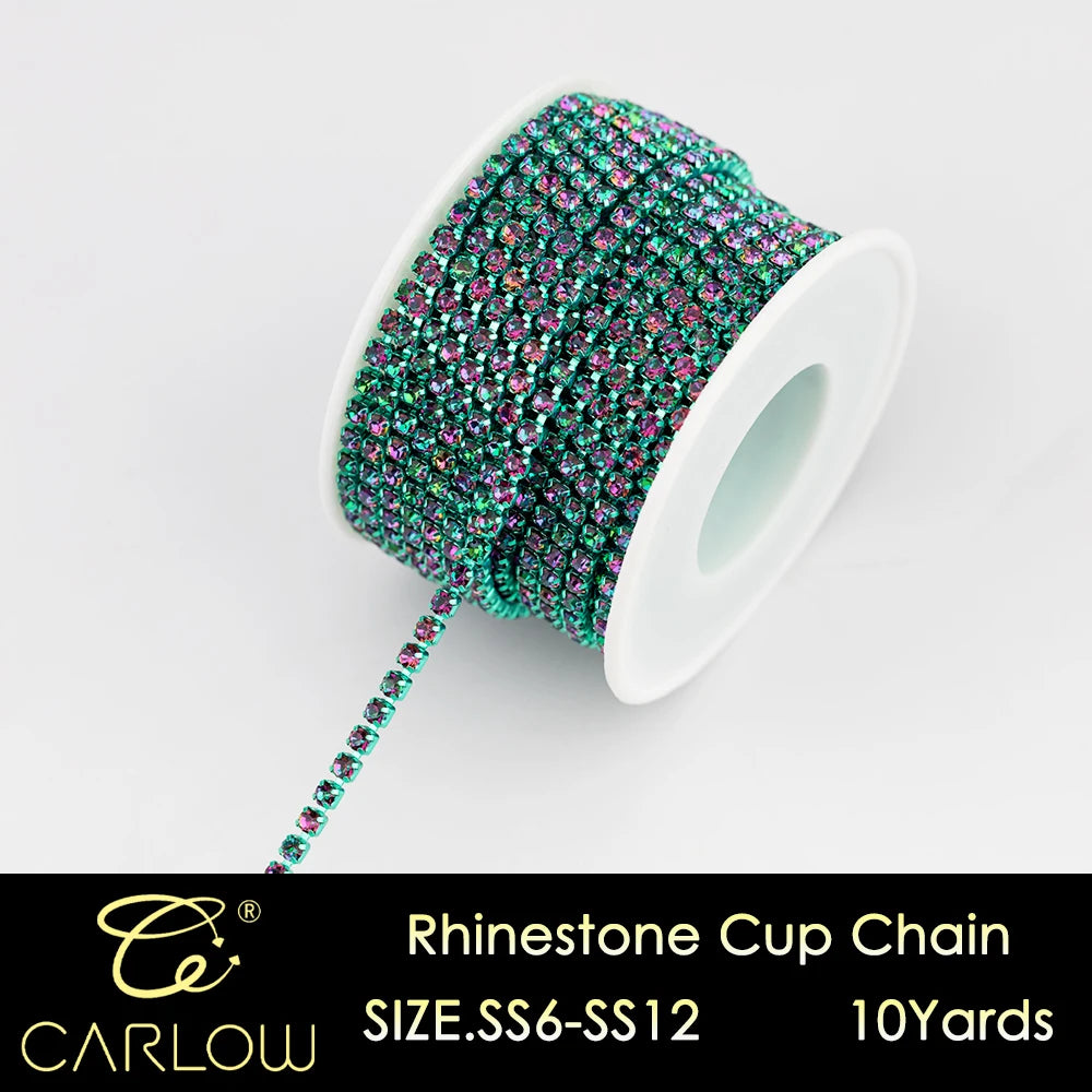 A spool of multi-color glass rhinestone cup chain, 10 yards long, used for DIY clothing decoration.