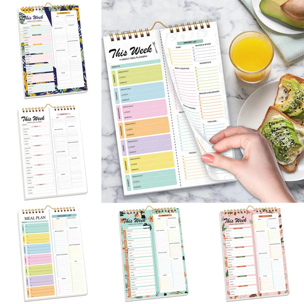A collection of weekly meal planners and shopping lists in various designs, featuring grids and tear-off sheets.