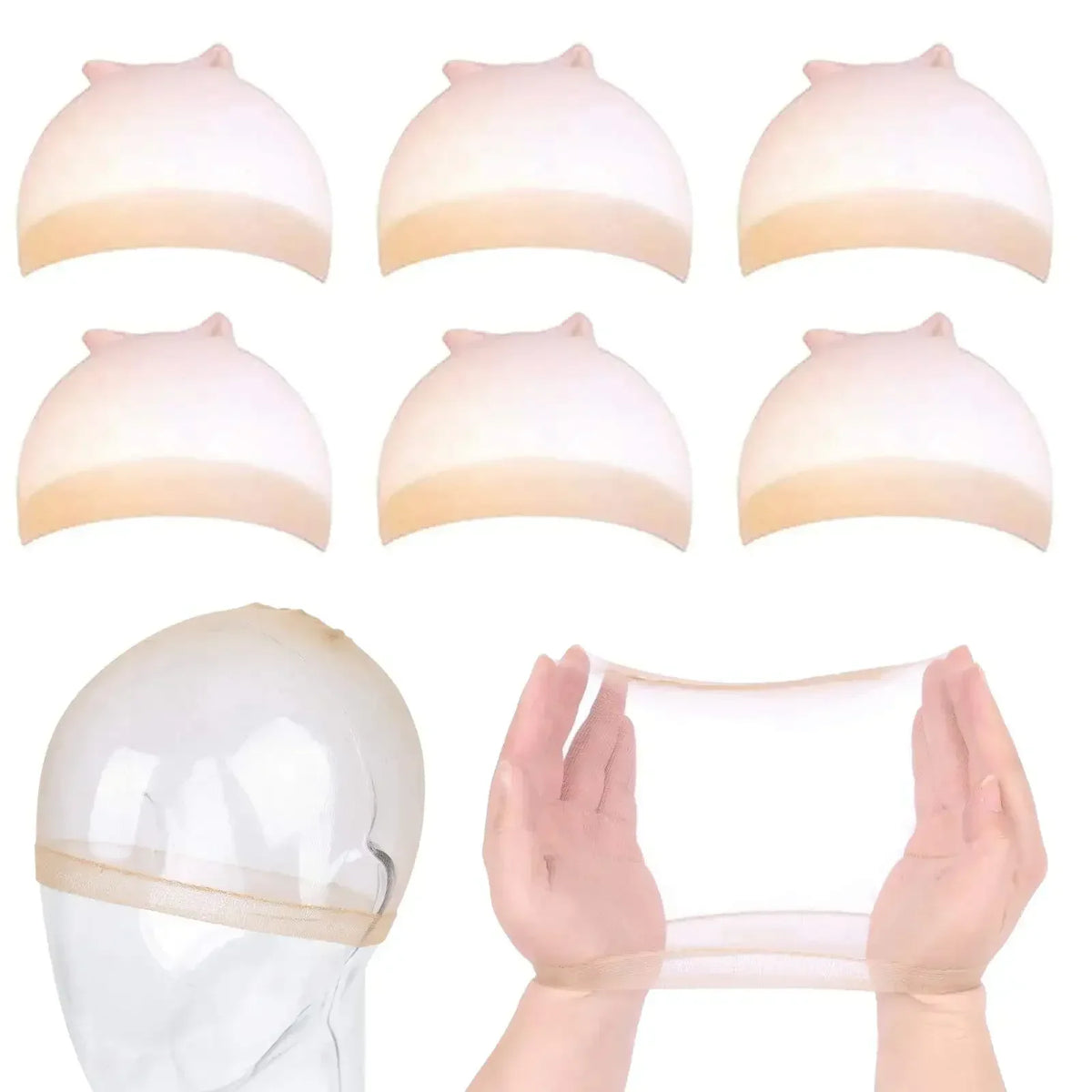 Two packs of breathable wig caps with elastic edges shown in various shades and angles.
