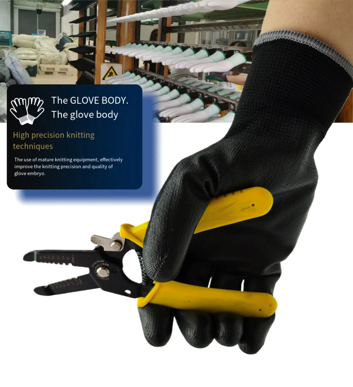 A hand wearing a black glove is using yellow pliers to manipulate a glove embryo for knitting techniques.