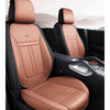 Tan leather car seat covers installed in a vehicle interior, showing the front seat and seatback.