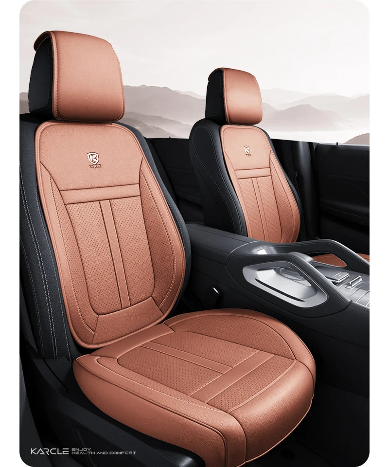 Tan leather car seat covers installed in a vehicle interior, showing the front seat and seatback.