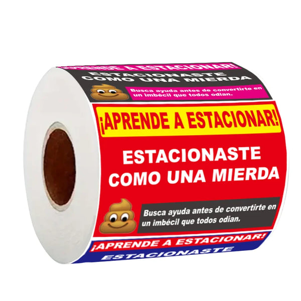 A roll of humorous Spanish parking warning stickers featuring cartoon poop characters.