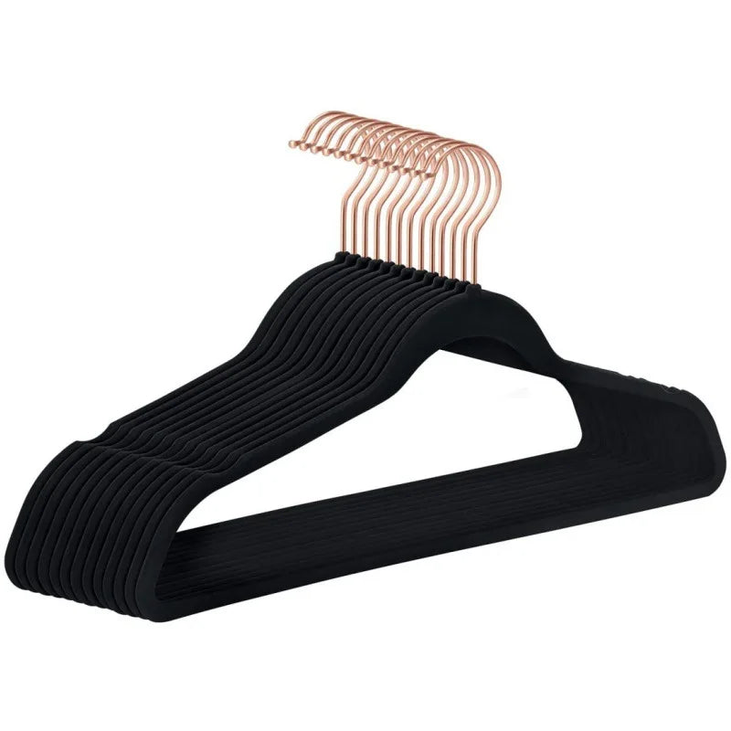 Black velvet hangers with rose gold 360 degree swivel hooks for clothing