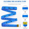 A flexible blue measuring tape showing various markings in centimeters, inches, and a metal end.