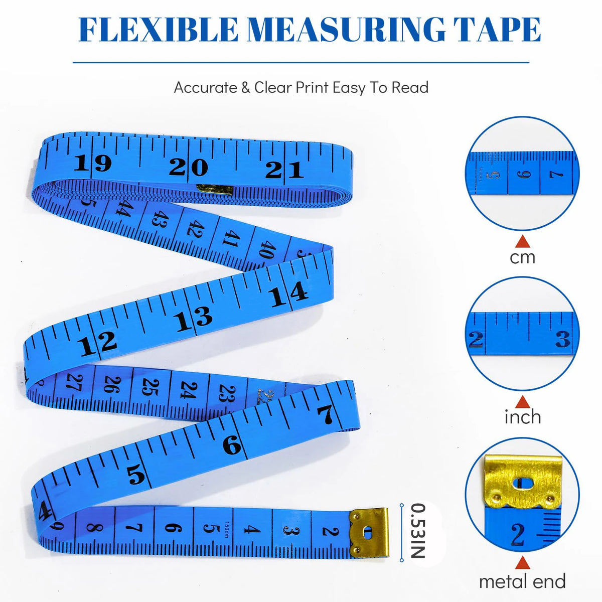 A flexible blue measuring tape showing various markings in centimeters, inches, and a metal end.
