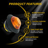Diagram showing features of LED side marker lights including quality assurance, precision materials, bright light, and built 