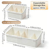 White expandable storage box for cosmetics with adjustable compartments shown before and after expansion.