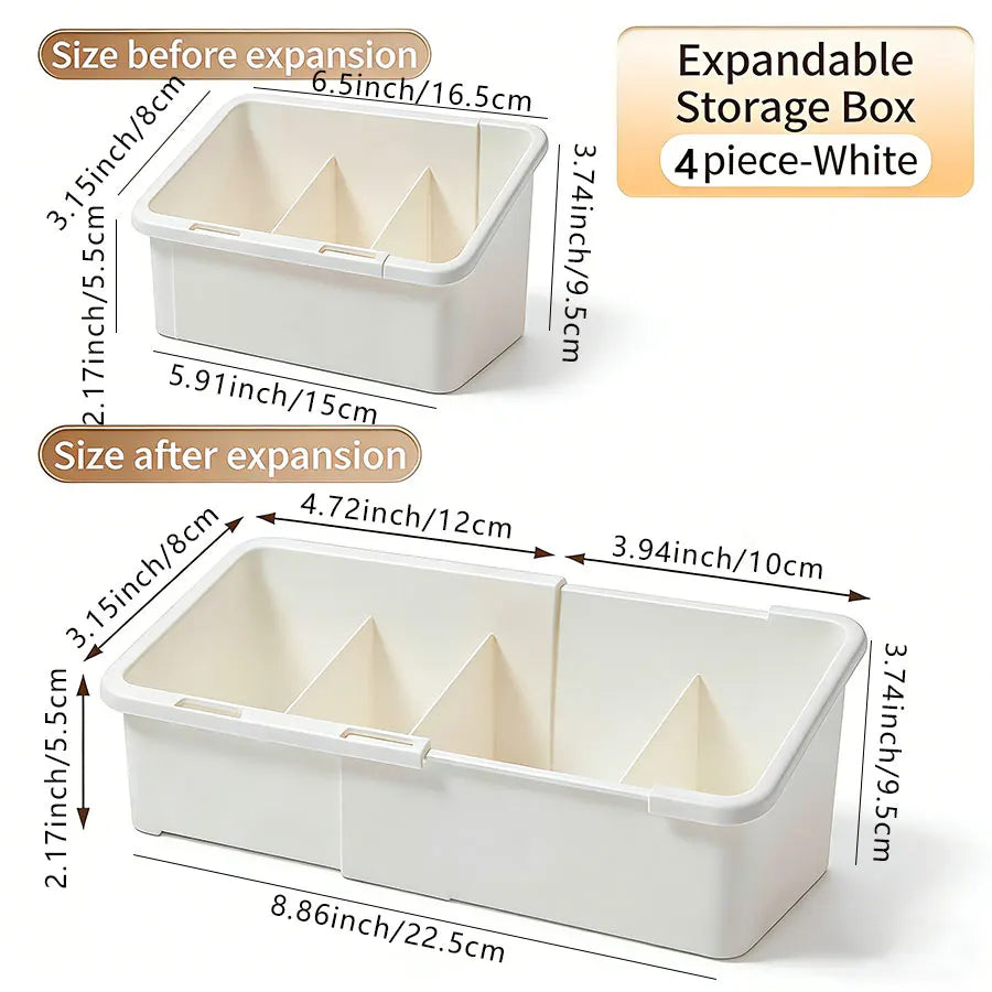White expandable storage box for cosmetics with adjustable compartments shown before and after expansion.