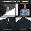 Image showing advantages of leather including soft lines, strong adhesive, scratch resistance, and waterproof properties.