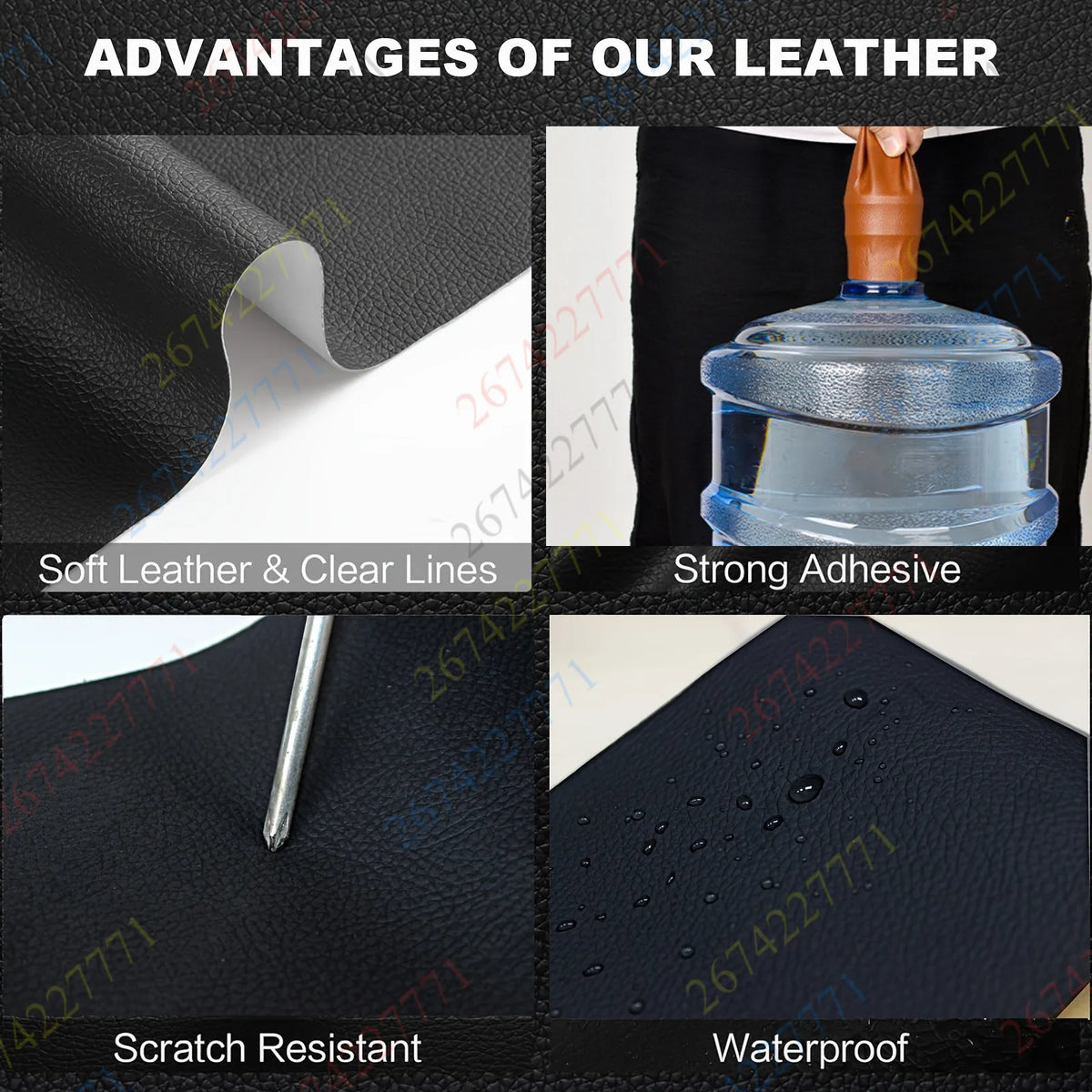 Image showing advantages of leather including soft lines, strong adhesive, scratch resistance, and waterproof properties.