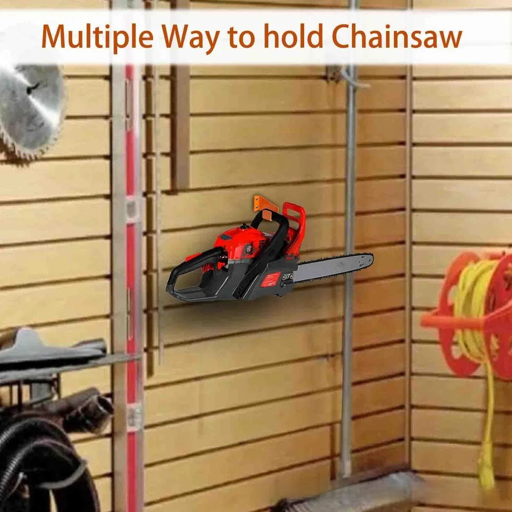 A red chainsaw is shown mounted on a wall hanger, demonstrating multiple ways to hold the saw.