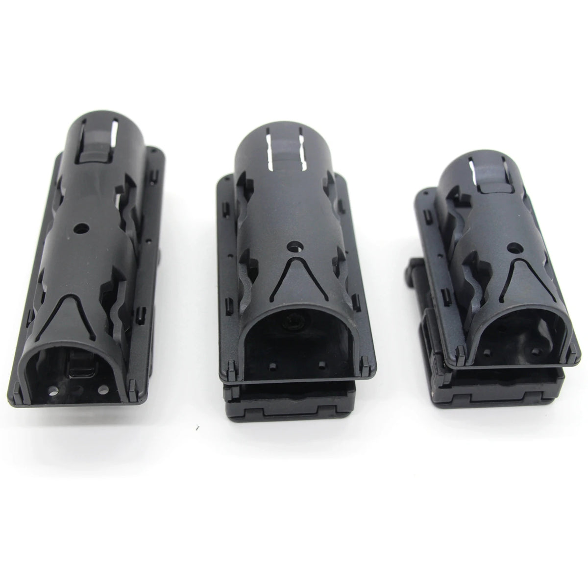 Black tactical duty belt holder with 360 degree rotation feature shown in three views