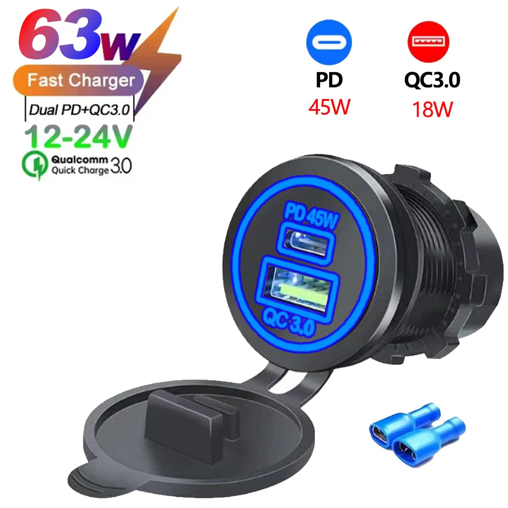 A black car charger with a blue LED display showing PD 45W and QC 3.0 output, featuring a voltmeter and USB ports.